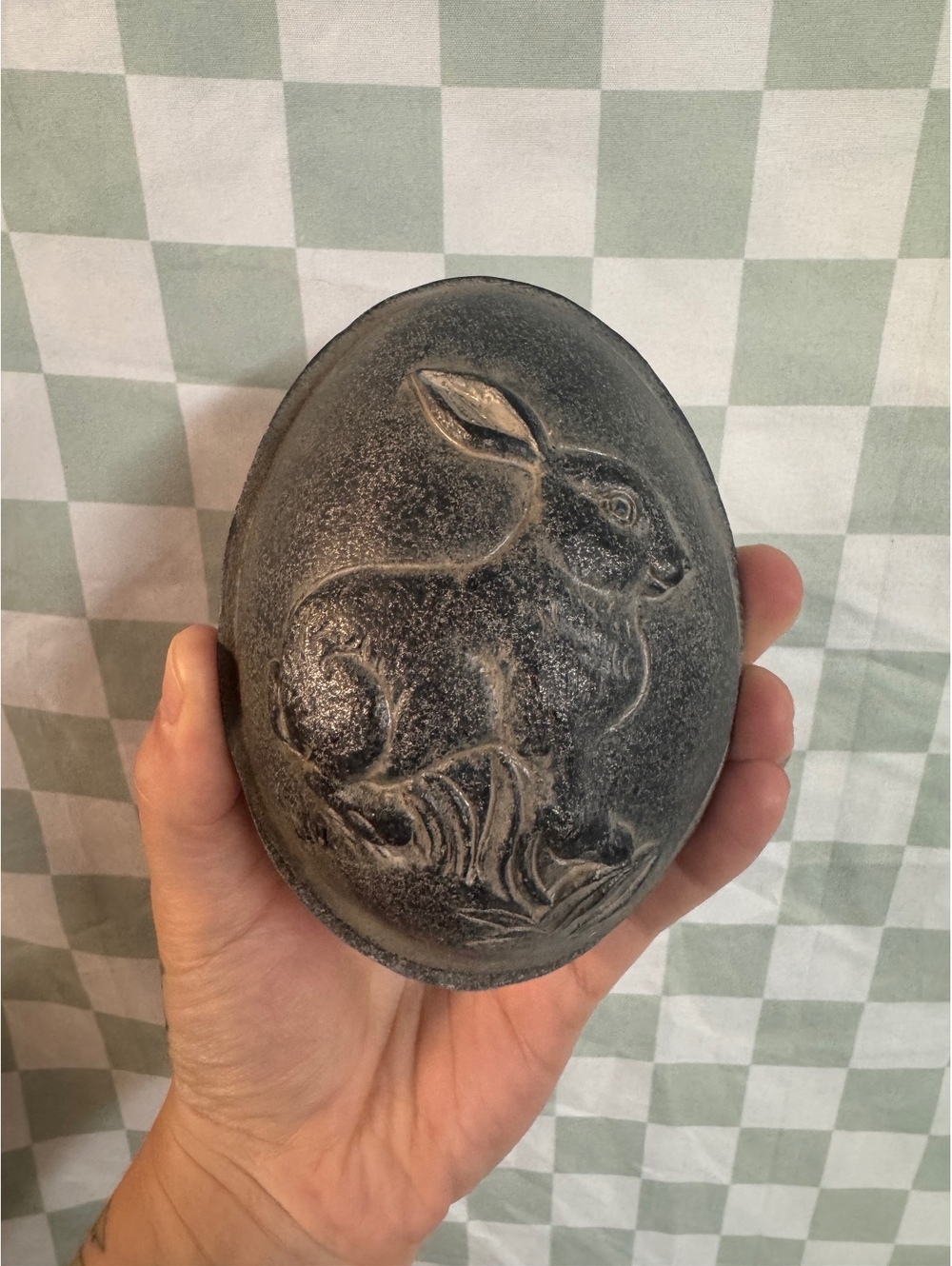 Vintage Speckled Gray Cast Aluminum Bunny Egg Trinket Box